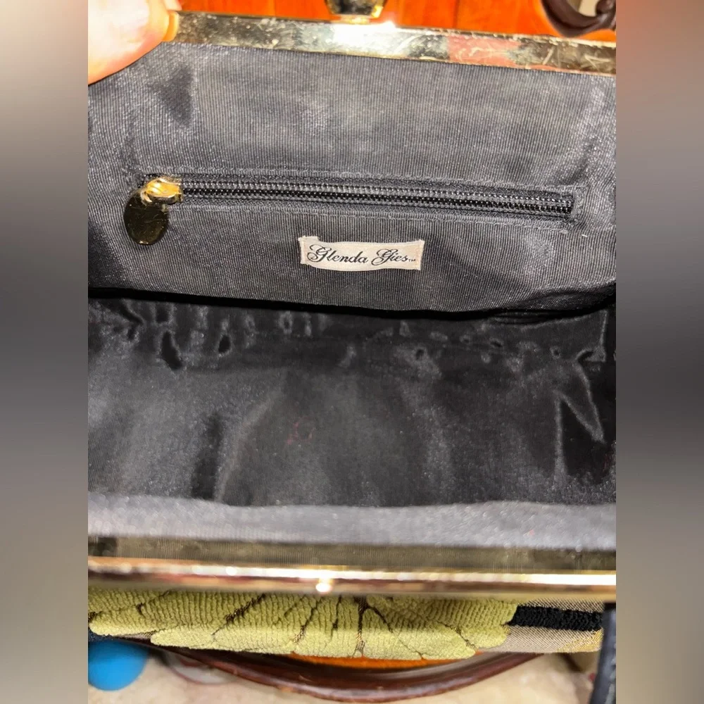 Glenda Gies Vintage Green Black Lime  Hand Bag Gold hardware & leather strap - Picture 9 of 14